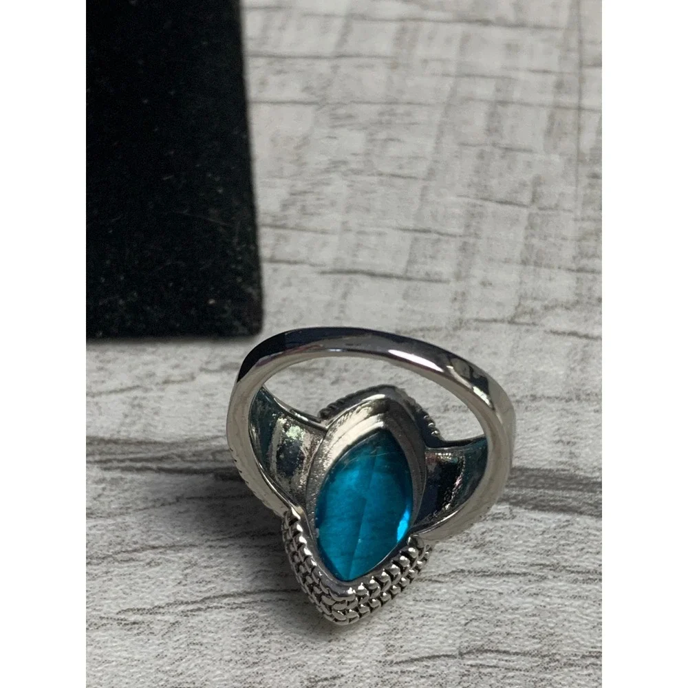 Blue Marquise Stone Mixed Metal Textured Band Statement Ring Size 6.25